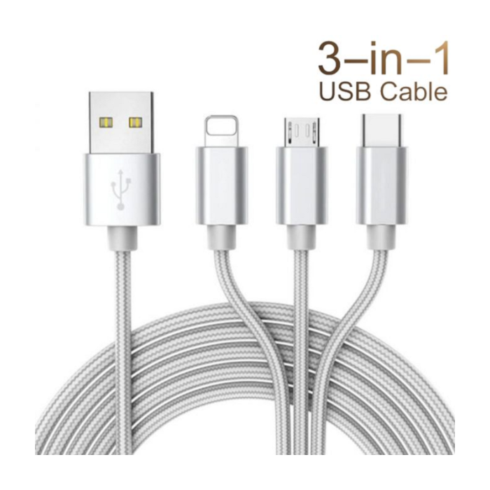 Câble Chargeur Universel 3 en 1 (USB Micro, USB Type-C & Lightning