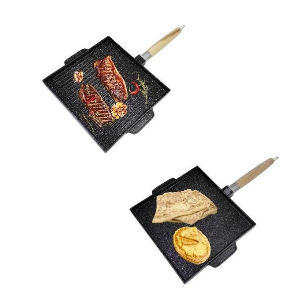 Poêle Double Face,Plaque de gril et plaque chauffante antiadhésive carré 30.3x27.3x2.8cm