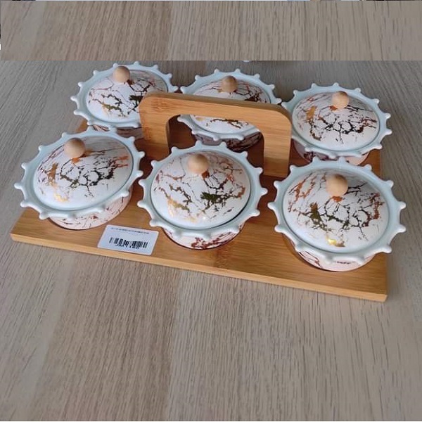 6 Ramequins Marbré A Fruits Secs, Noix, Amandes , Gâteaux ... Avec Support En Bambou