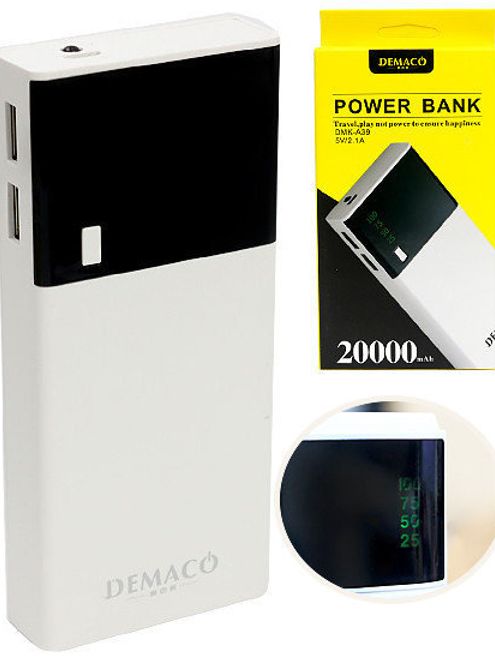 Power Bank DEMACO- 20000 mAH -Avec Afficheur – 2 Sorties USB – Blanc Power Bank DEMACO- 20000 mAH -Avec Afficheur – 2 Sorties USB – Blanc
