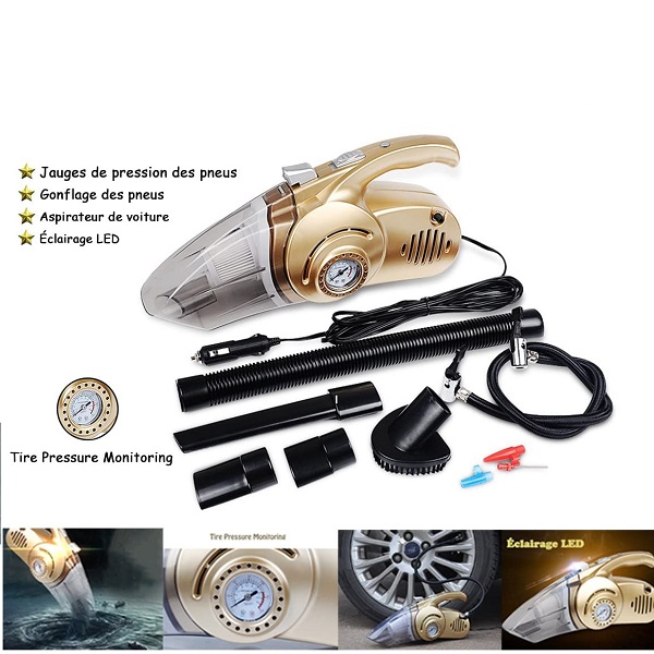 Aspirateur De Voiture Multi Usage 4 en 1 Lampe torche,  Gonflage Pneus , Jauge De Pression Pneus, Aspirateur Super Puissant
