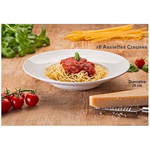 6 Grandes Assiettes à Pâtes Porcelaine Blanche Diamètre 25 cm