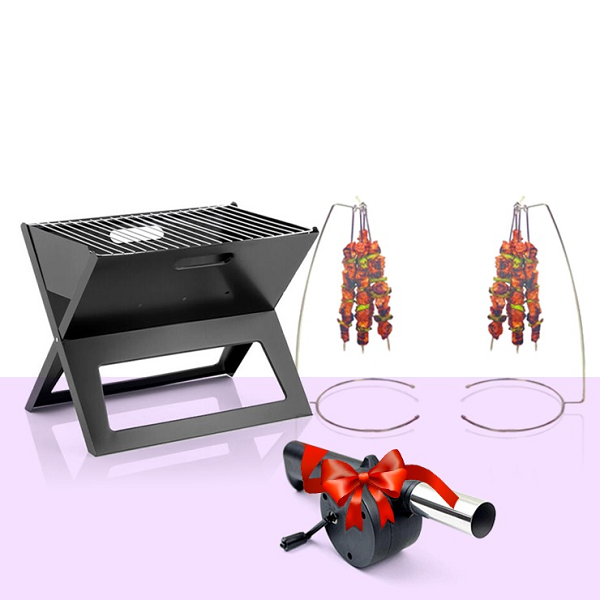 Pack Barbecue A Charbon Portable 50cm + Présentoir A Brochettes + Soufleur