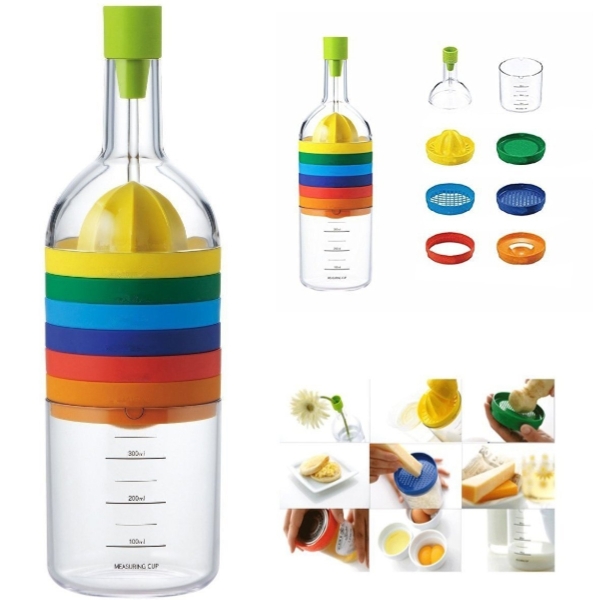 Bouteille Multifonction 8 en 1: Pressé Agrume,Râpe, Entonnoir, Verre à Mesure etc
