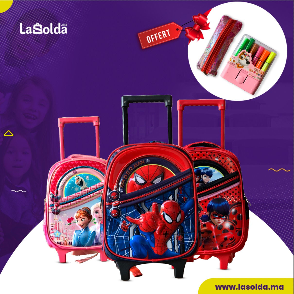 Cartable Sac a Dos À Roulette "Maternelle" spiderman - Frozen - Miraculous + Cadeaux