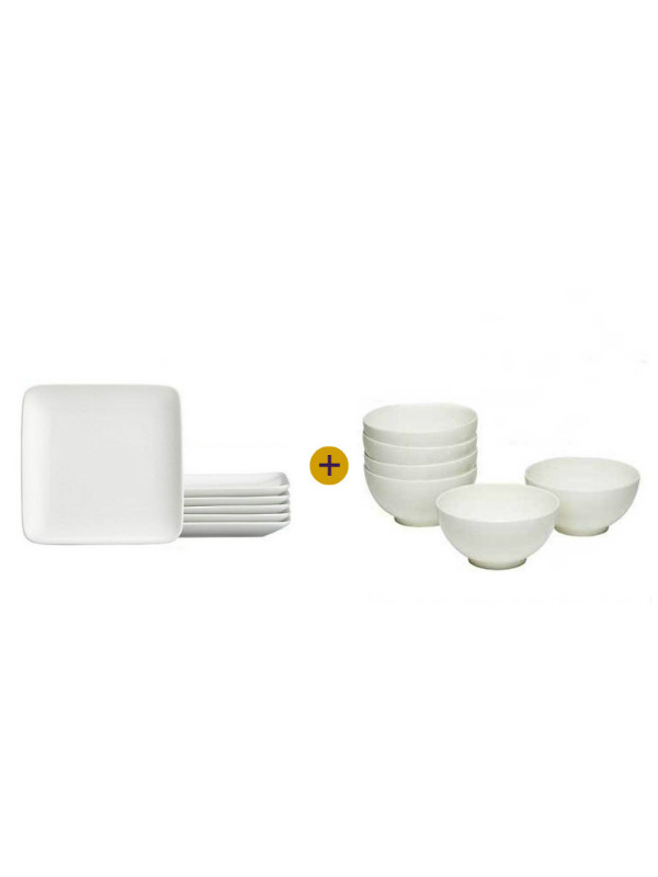 Set de 6 Plats Carrés + 6 Bols en porcelaine blanche Set de 6 Plats Carrés + 6 Bols en porcelaine blanche