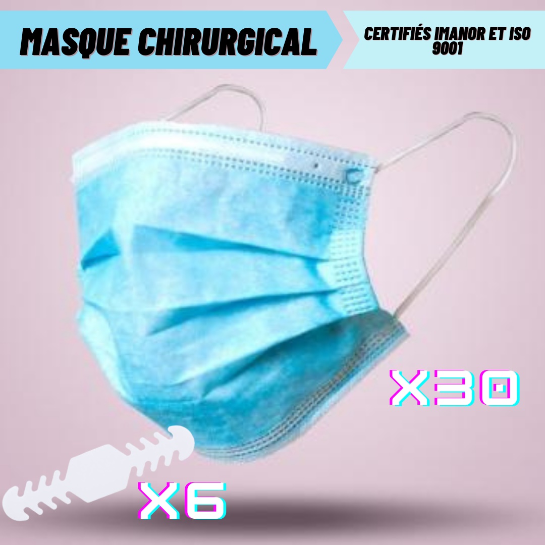 6 Attaches + 30 Masques Chirurgicaux (Lavable 10 fois) - BTW
