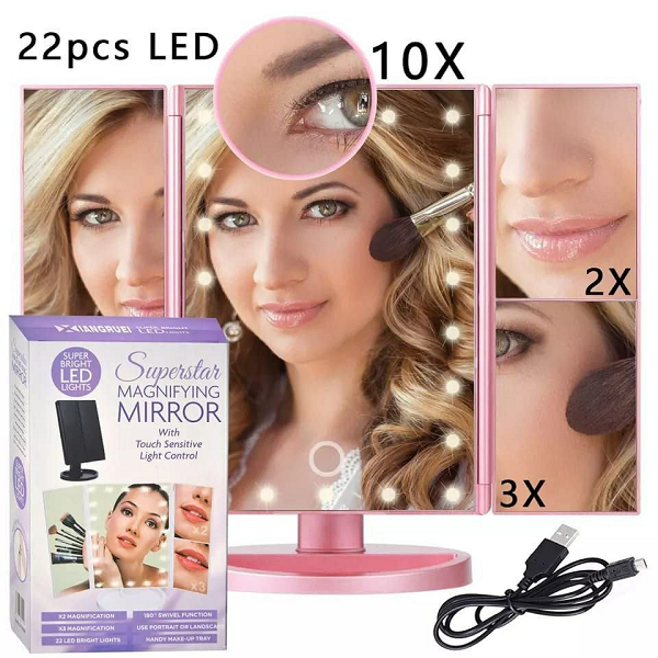 Miroir De Maquillage Lumineux Pliable sur Pied avec Effet Grossissant x10 , x2 , x3