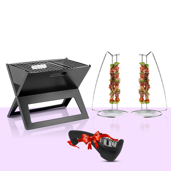 Pack Barbecue A Charbon Portable 50cm + Présentoir A Brochettes + Aiguiseur A Couteaux