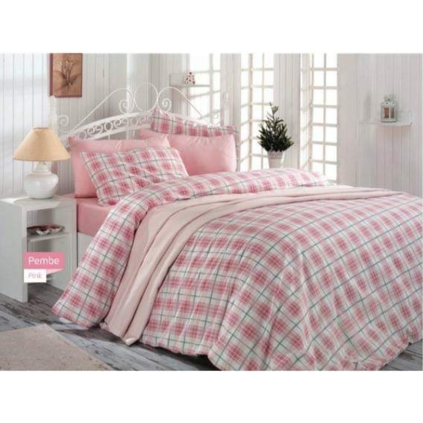 Parure de Lit 4 Pièces Petit Carreaux Vichy 100 % Coton Rose
