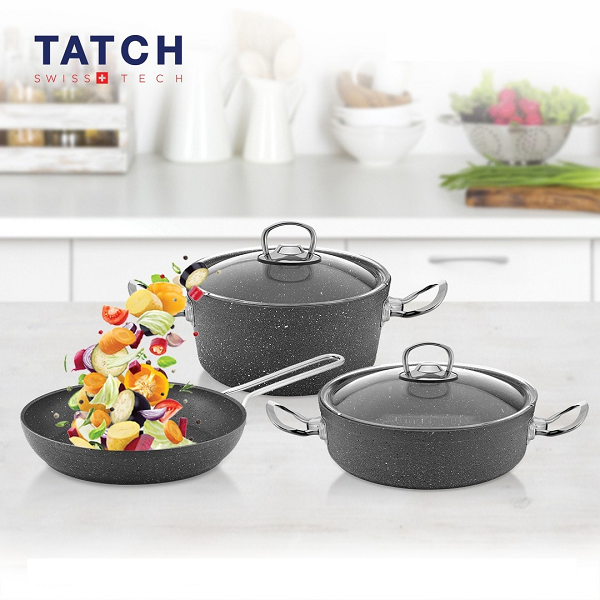 Batterie de cuisine, 3 pièces, revêtement antiadhésif PTFE Volcanite, conductivité thermique élevée