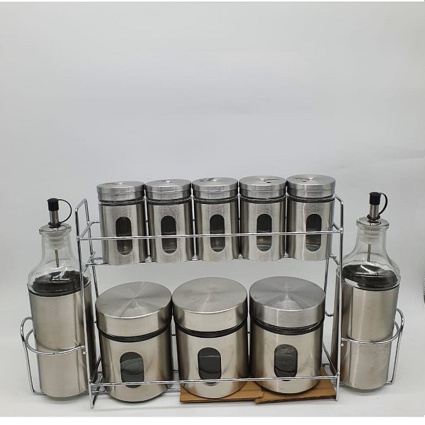 Support 10 pièces avec 5 pots a épices , 3 autres et huilier,  vinaigrier