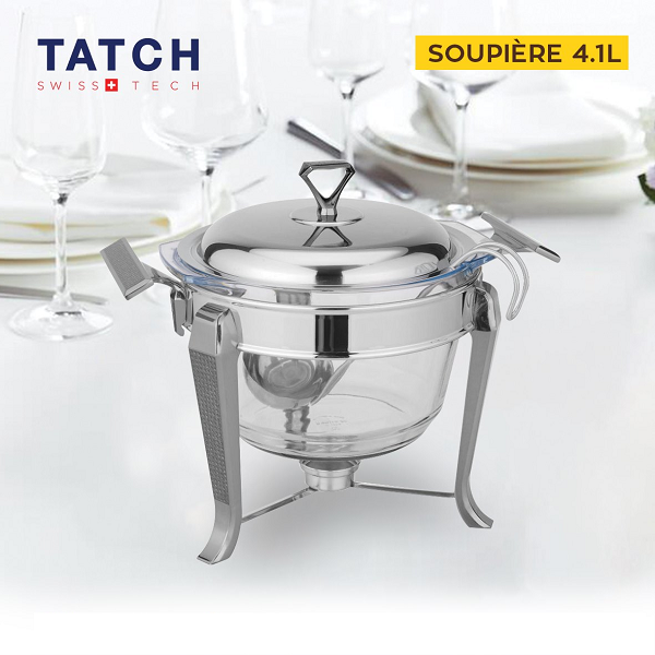 Soupière Avec Flamme En Inox/Verre 4.1 Litres , Gold Et Argenté