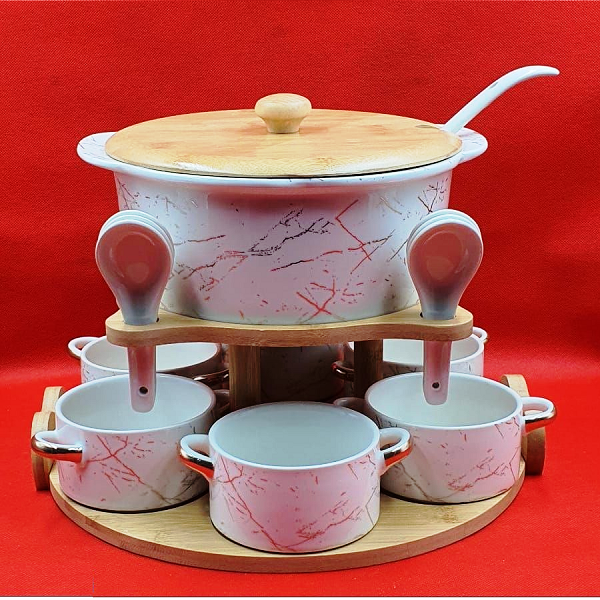 Soupière Blanche Sur Support Avec Ses Bols Et Cuillères 16 Pièces