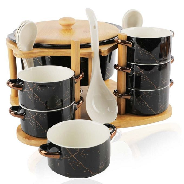 Soupière Sur Support Avec Ses Bols Et Cuillères 16 Pièces