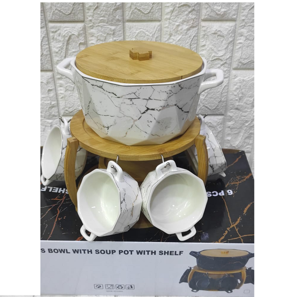 Service À Soupe 9 Pièces Marbré  Avec Support En Bois