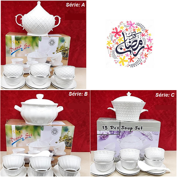 Service Soupière en porcelaine blanche pour 6 personnes